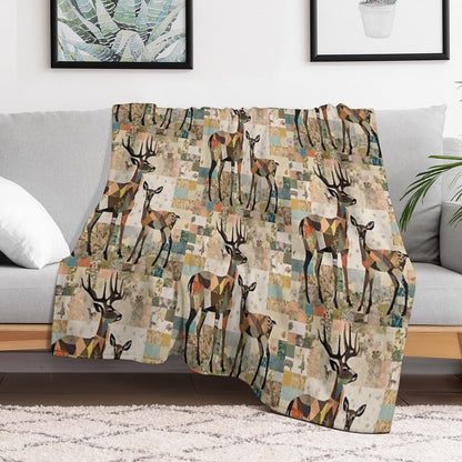 Patchwork Collage Deer with Deer, Art Color Illustration Throw Blanket