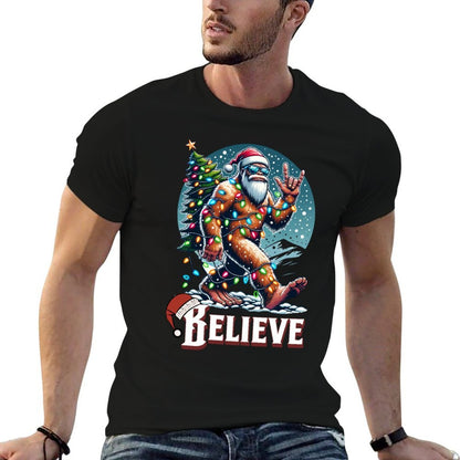 Santa Bigfoot Christmas Lights Funny Sasquatch Believe Xmas  Wrinkle-resistant T-Shirt