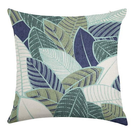 Leaf Wall  Navy Blue Pine And Sage Green Leaves Mint Lines Linen Throw Pillow Cover