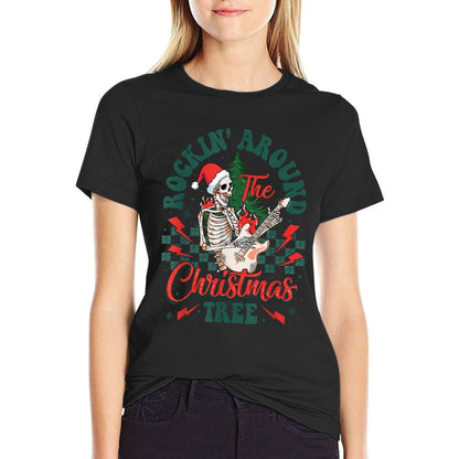 Retro Rockin Around The Christmas Tree Skeleton Plays Guitar  Lightweight T-Shirt