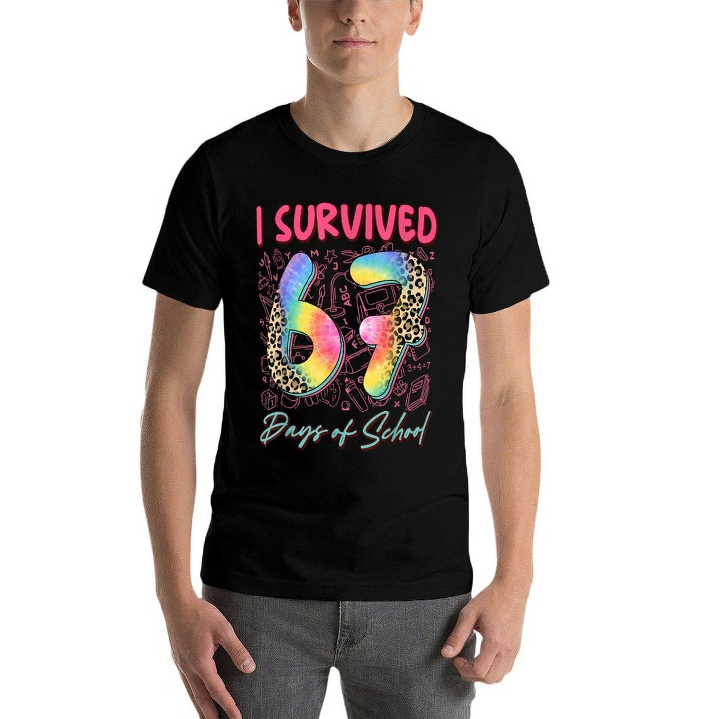 I Survived 67 Day of School Funny 6 7 Teach Student Leopard  Soft T-Shirt