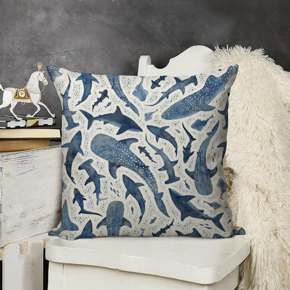 Monochrome Blue Watercolour Shark Ocean on White Linen Throw Pillow Cover