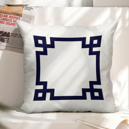 Navy Blue Greek Key Square On White Linen Throw Pillow Cover