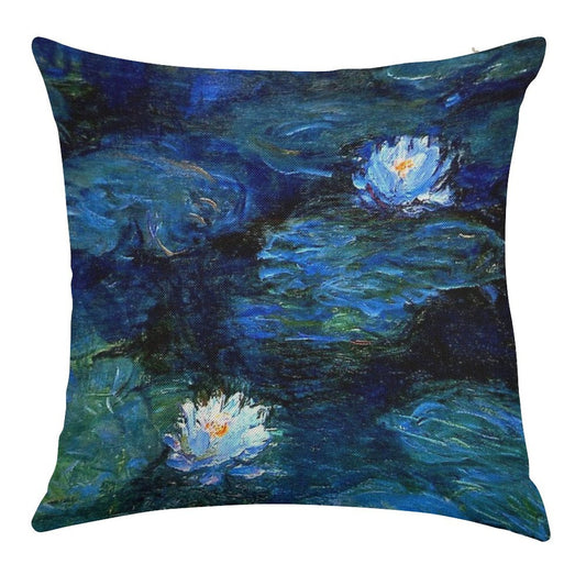 Water Lilies Monet Deep Blue Linen Throw Pillow Cover