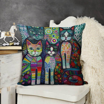 Quirky Cats Linen Throw Pillow Cover
