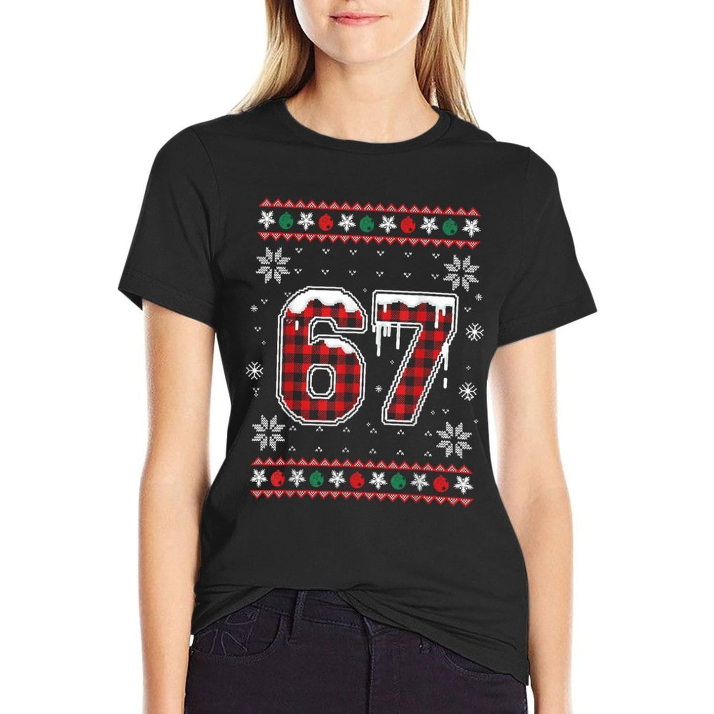 Funny 67 Six Seven Squad Meme Christmas Ugly Sweater  Rolled Sleeves T-Shirt