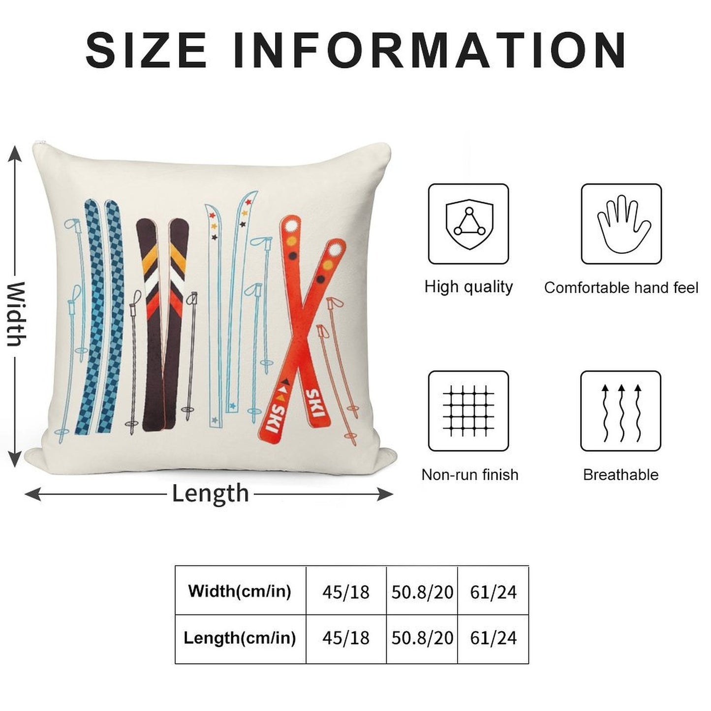 Colorful Retro Ski Illustration Soft Reinforced Edging Throw Pillow