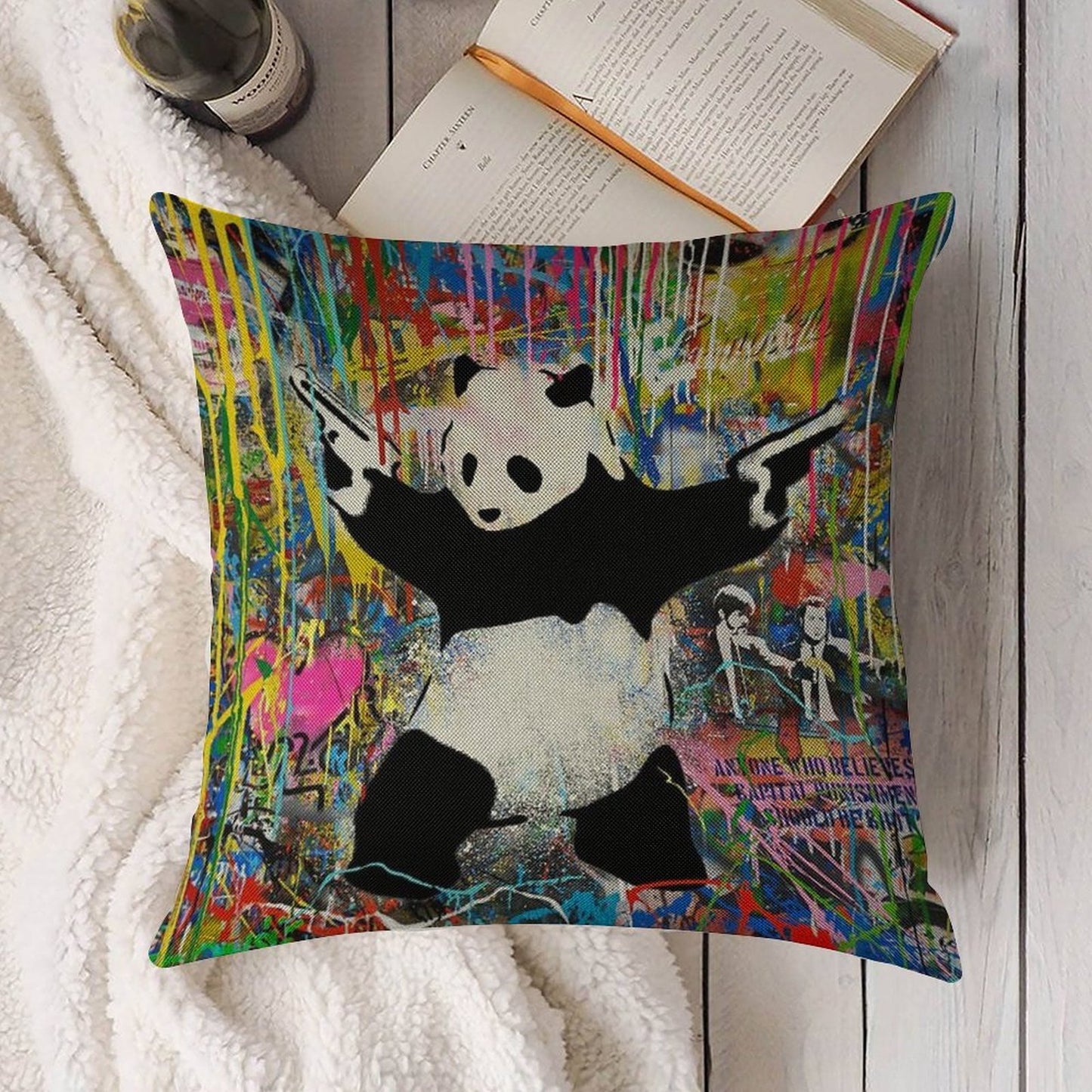 Panda With Guns Stick Em Up - Pop Street Art Banksy Linen Throw Pillow Cover