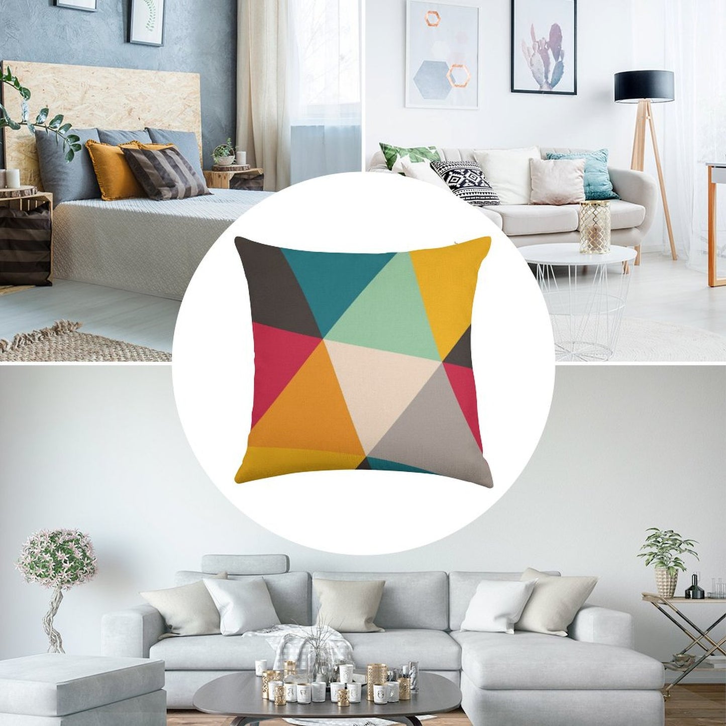 Colourful Geometric Triangles Linen Throw Pillow Cover