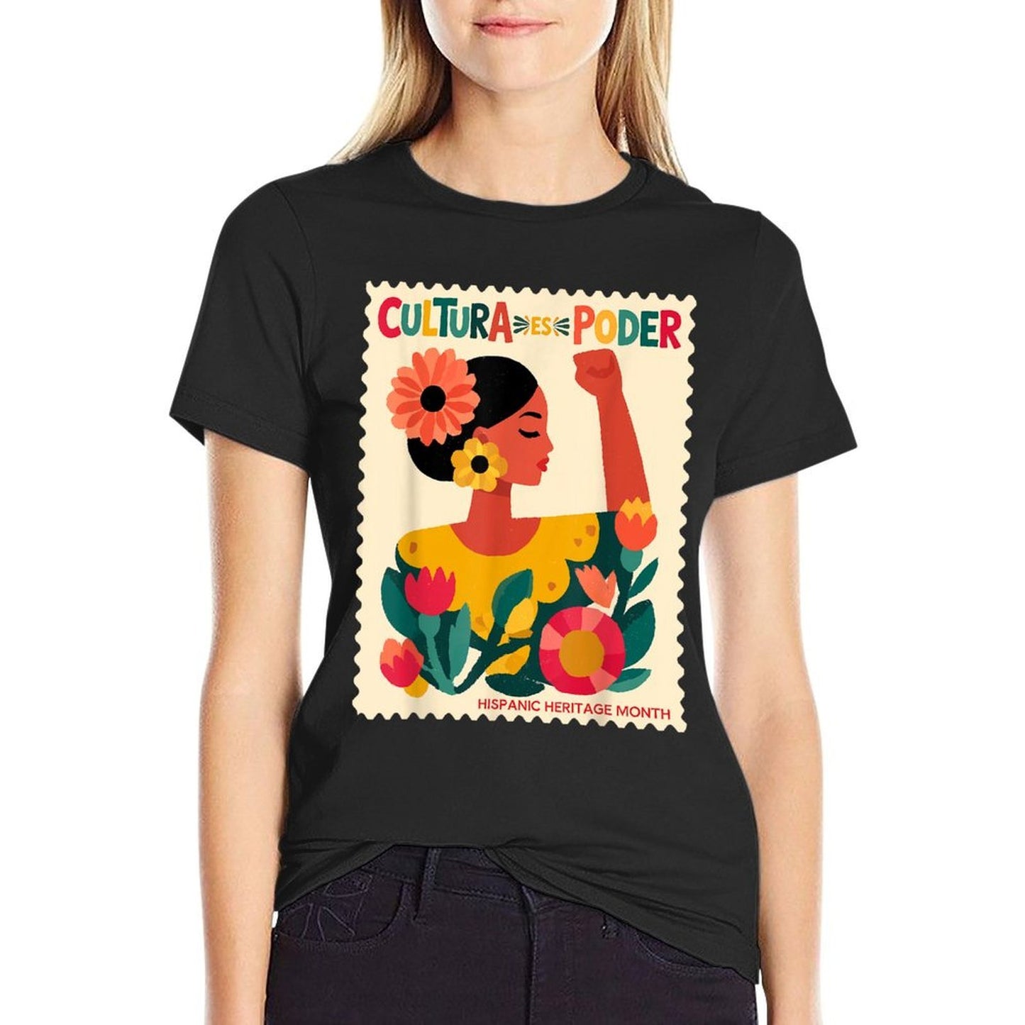 Cultura ES Poder Hispanic Heritage Latina Empowerment  Ribbed Collar T-Shirt