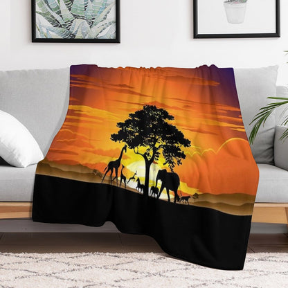 Wild Animals on African Savanna Sunset Throw Blanket