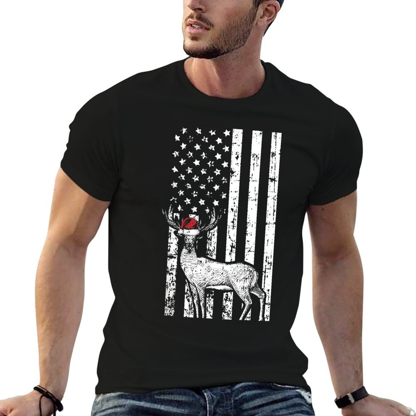 Deer Hunting Elk Santa Hat American Christmas Gifts for Women Kids Men  Cotton T-Shirt