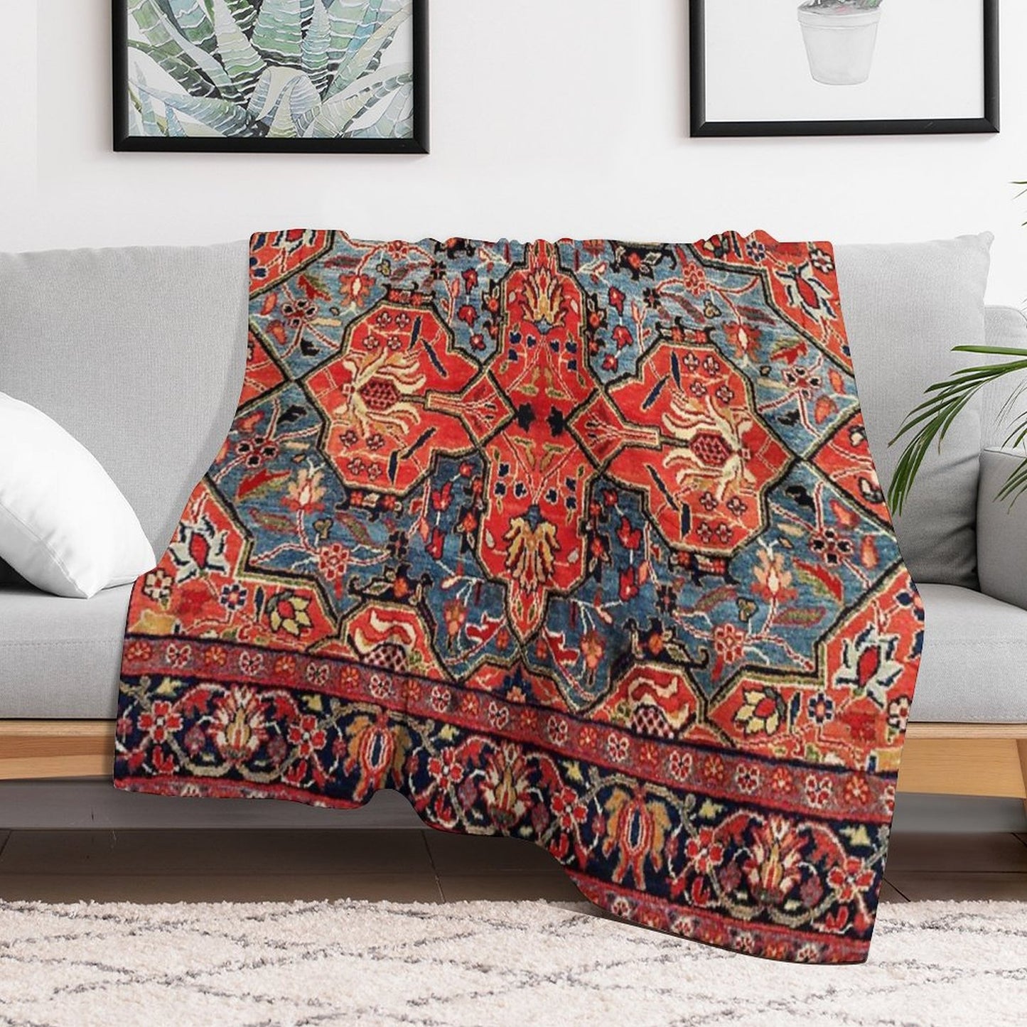Kashan Poshti Central Persian Rug Print Throw Blanket