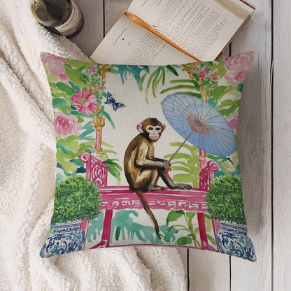 Monkey in Chinoiserie Garden Linen Throw Pillow Cover