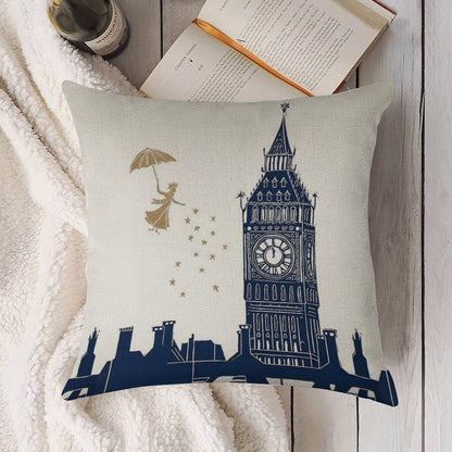 Mary Poppins And Big Ben Linocut Linen Throw Pillow Cover