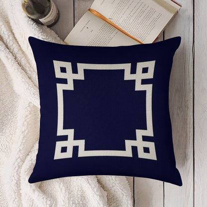 Greek Key Square White On Navy Blue Linen Throw Pillow Cover