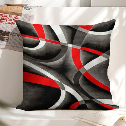 Eighties Red White Grey Line Curve Pattern On Black Linen Throw Pillow Cover