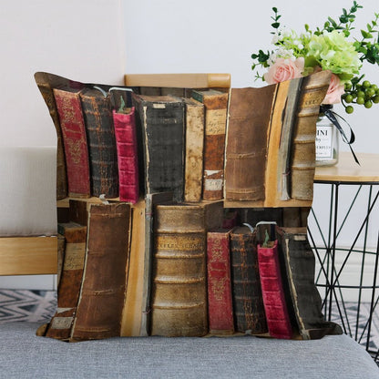 Bookworm Vintage Books in Bookshelf Linen Throw Pillow Cover