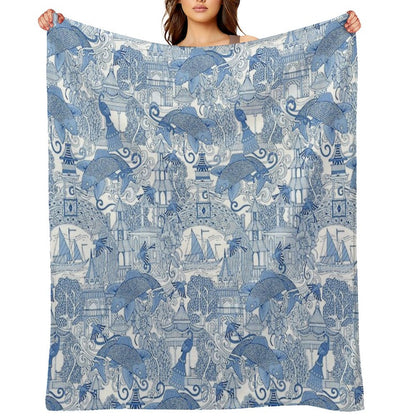 Chinoiserie Toile Blue Throw Blanket