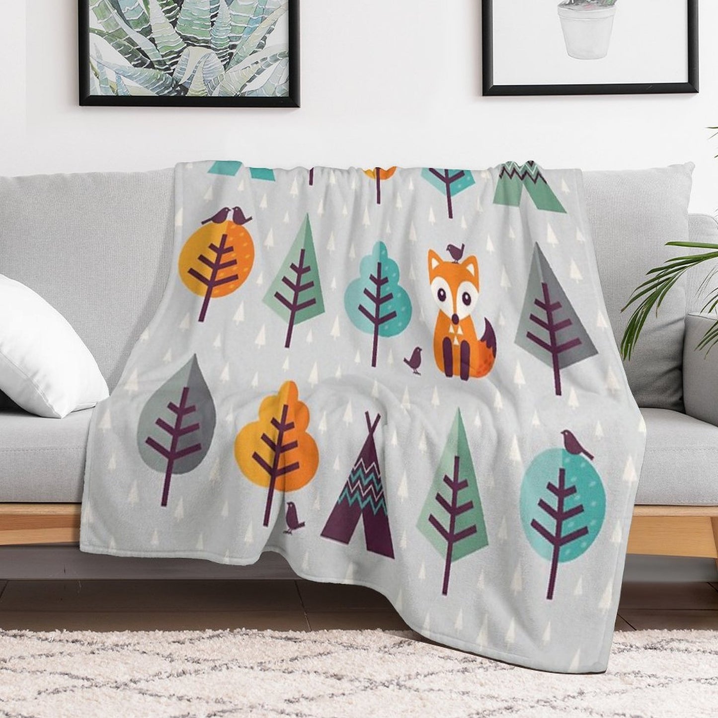 Fox in The Forest on Gray Throw Blanket