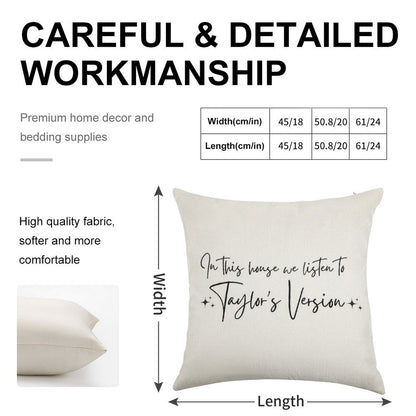 In This House We Listen to Taylor's Version Linen Throw Pillow Cover