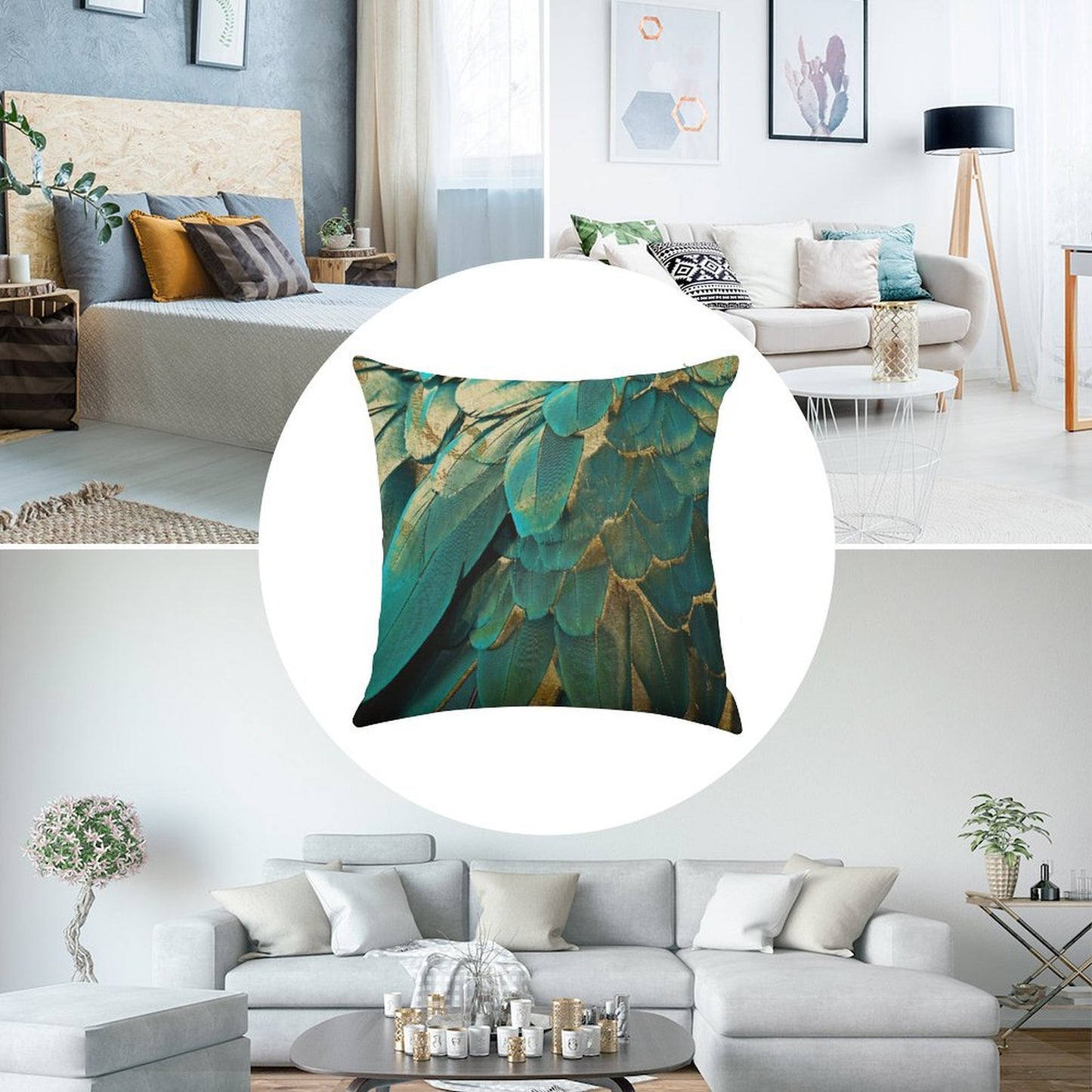 Feather Glitter Teal And Gold Linen Throw Pillow Cover