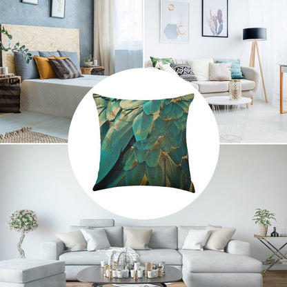 Feather Glitter Teal And Gold Linen Throw Pillow Cover