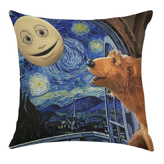 Bear in The Big Blue House with Starry Night Linen Throw Pillow Cover
