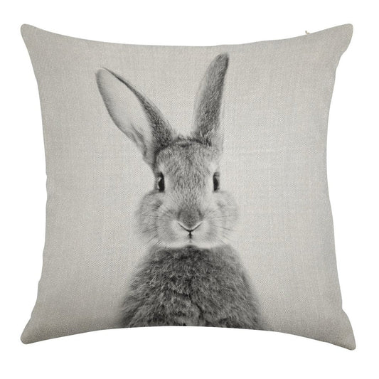 Rabbit - Black & White Linen Throw Pillow Cover