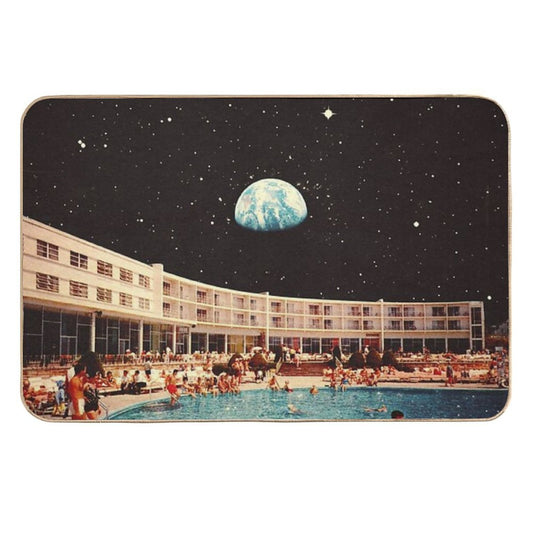 Lunar Pool Life - Retro-Futuristic Holiday Resort, Science Fiction Collage  Fade-Resistant Bath Mat