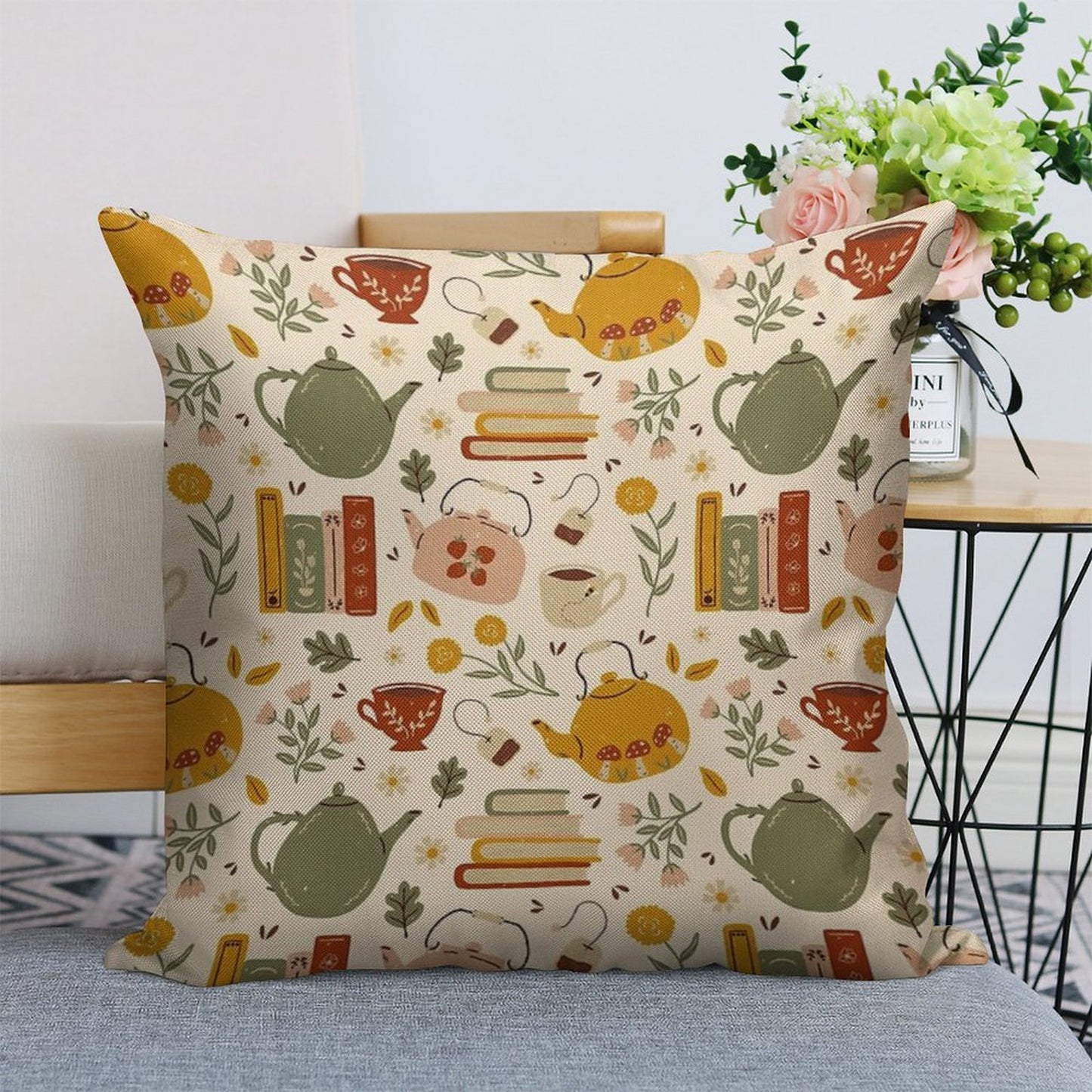 Flowery Books And Tea Linen Throw Pillow Cover