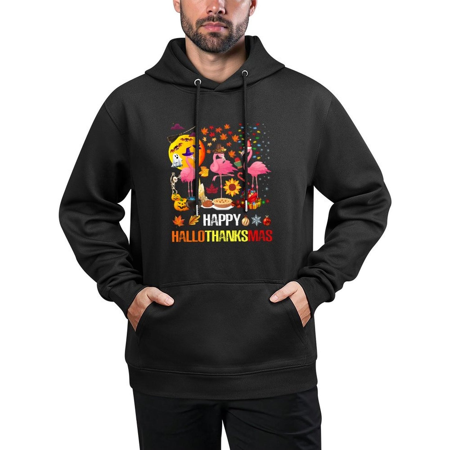 Happy Hallothanksmas Flamingo Halloween Thanksgiving Xmas Machine Washable Hoodie