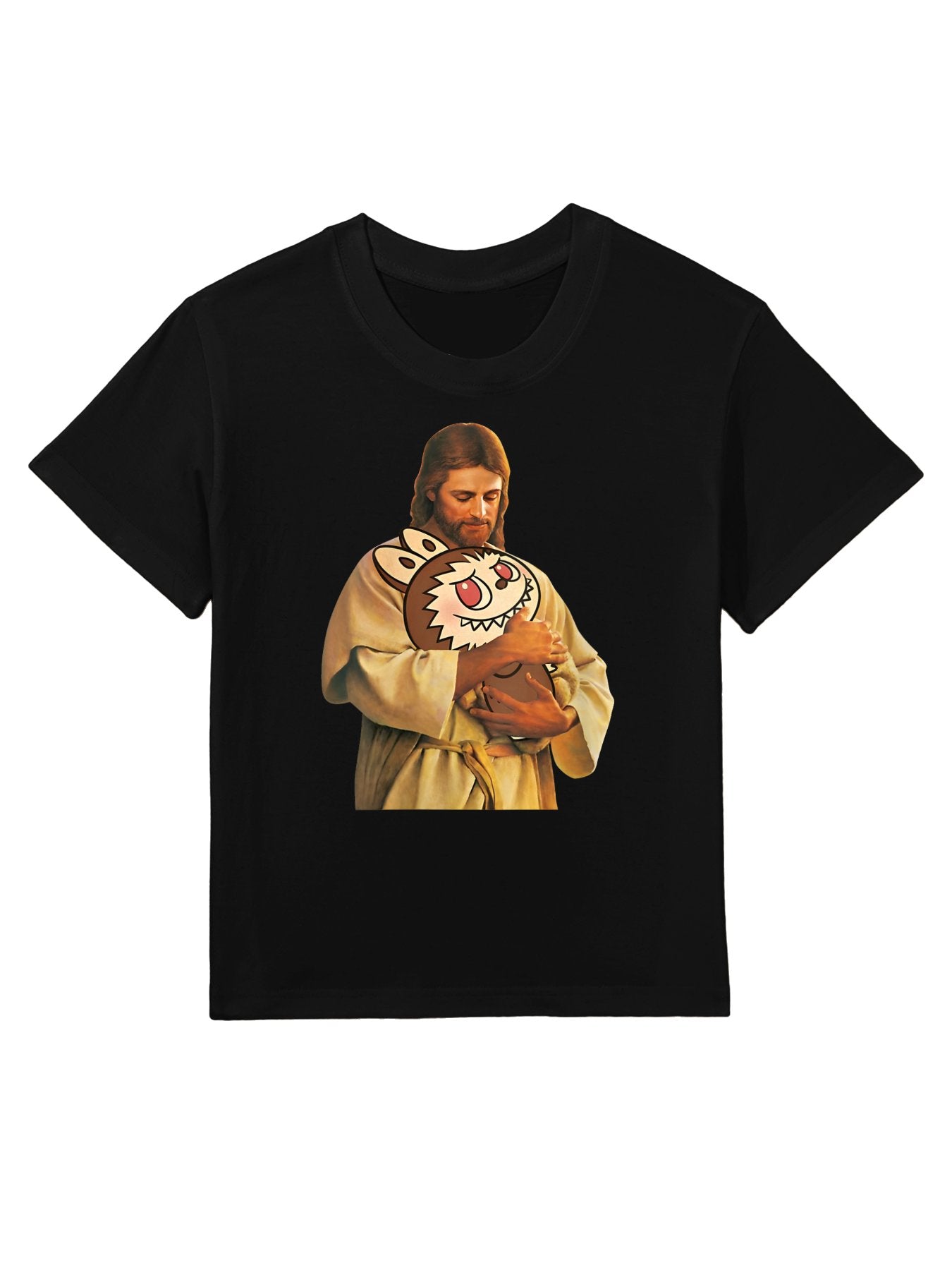 Womens Funny Meme Labubu Lover Cute Jesus Holding Labubu Joke Humor Kids T-Shirt