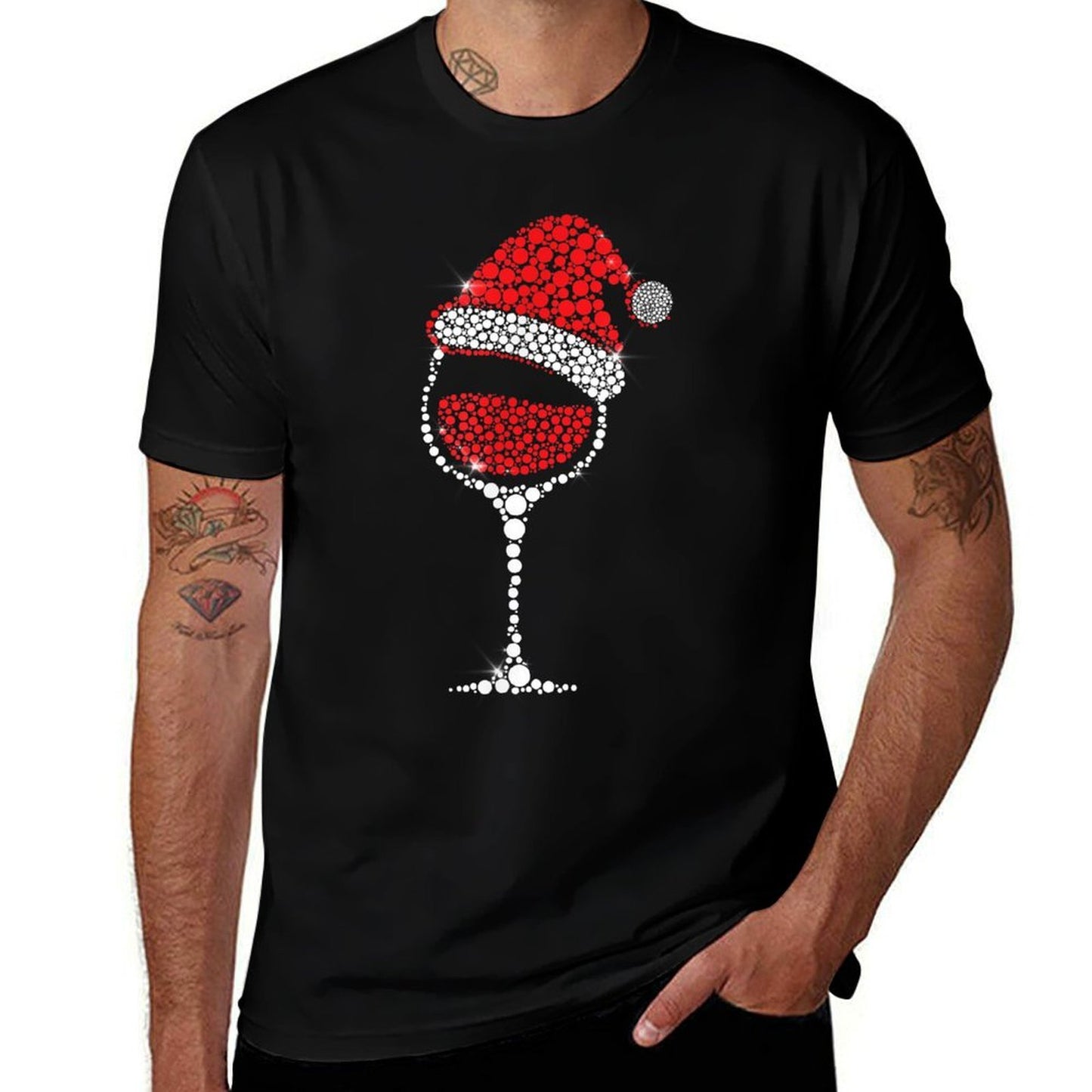 Christmas Pajama Glass of Wine Costume Santa Hat Xmas  Breathable T-Shirt