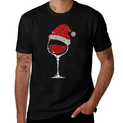 Christmas Pajama Glass of Wine Costume Santa Hat Xmas  Breathable T-Shirt