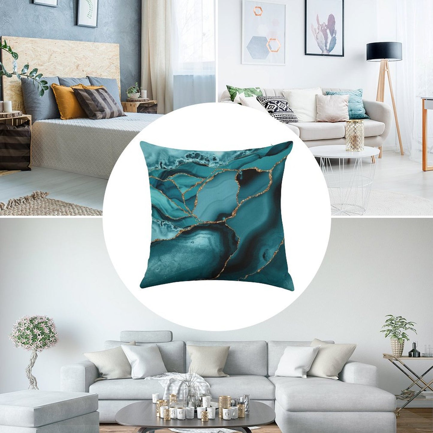 Teal And Gold Faux Marble Landscape Waves Linen Throw Pillow Cover