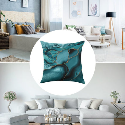 Teal And Gold Faux Marble Landscape Waves Linen Throw Pillow Cover