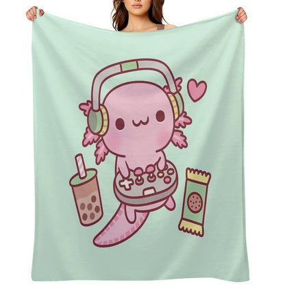 Cute Axolotl Loves Playing Video Games Funny Throw Blanket
