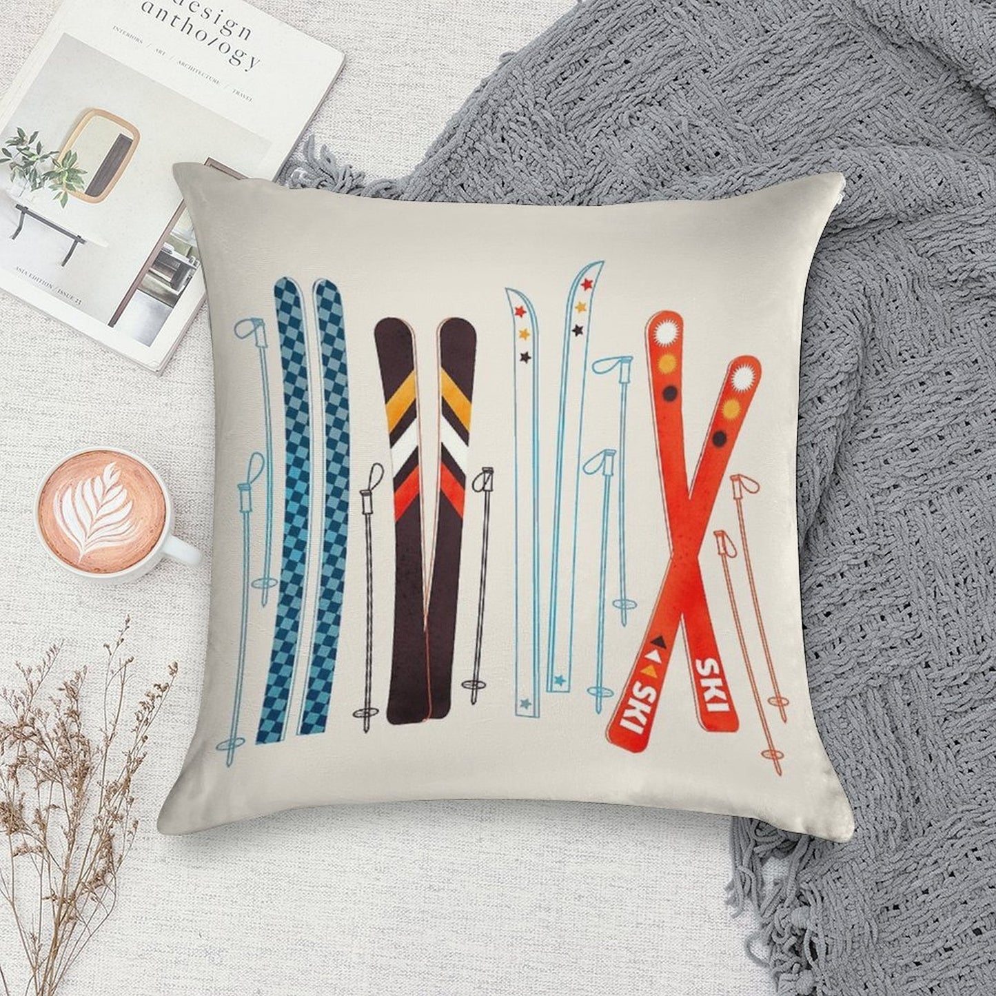 Colorful Retro Ski Illustration Soft Reinforced Edging Throw Pillow