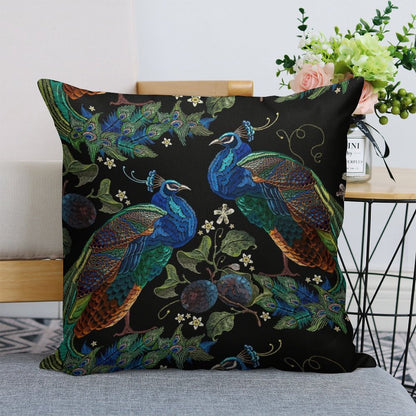 Embroidery Peacocks Linen Throw Pillow Cover