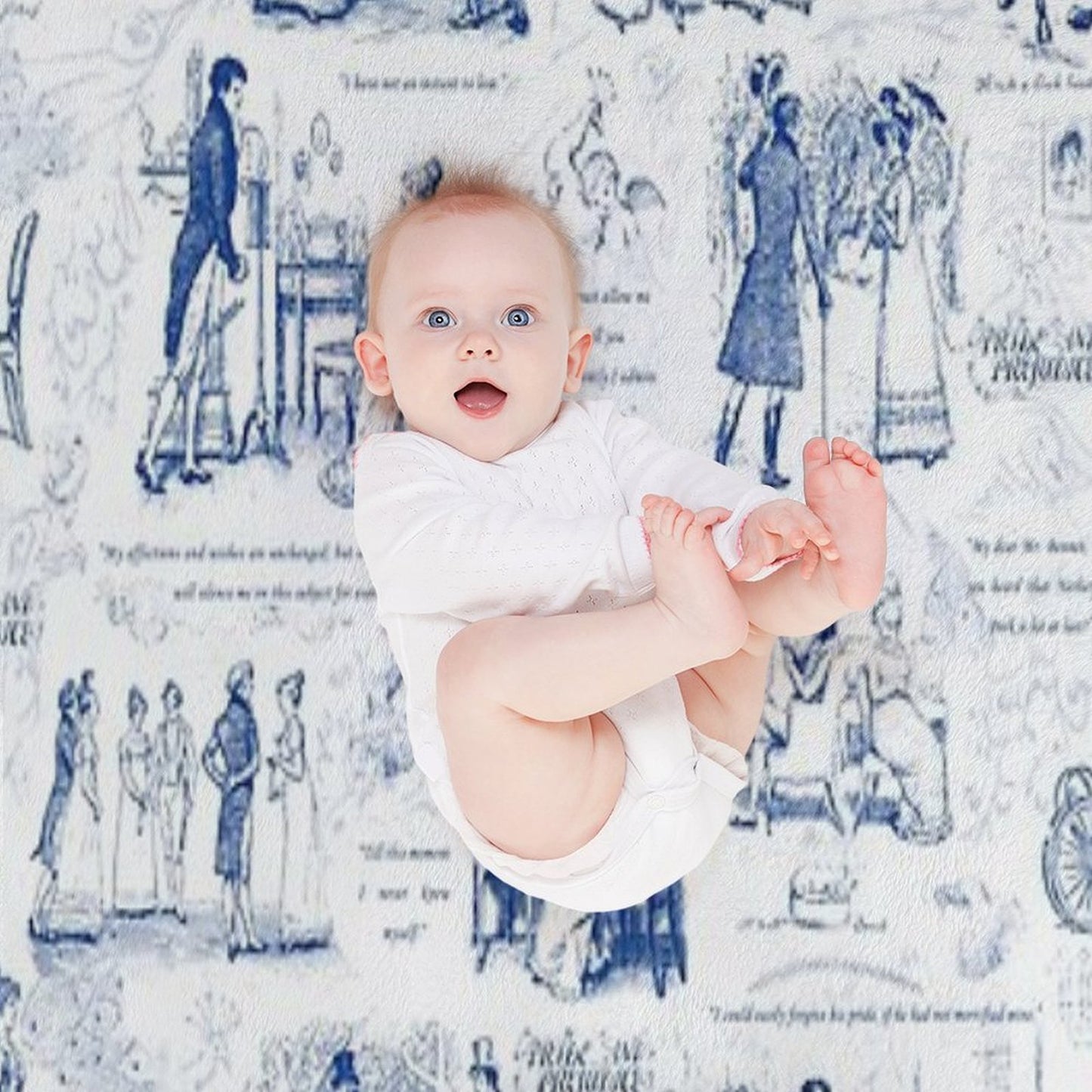 Pride And Prejudice Blue Toile Illustrations Quotes Pattern Throw Blanket