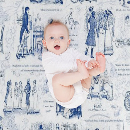 Pride And Prejudice Blue Toile Illustrations Quotes Pattern Throw Blanket