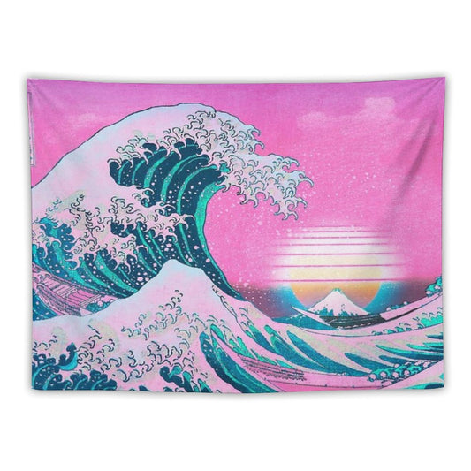 Vaporwave Aesthetic Great Wave Off Kanagawa Retro Sunset Tapestry