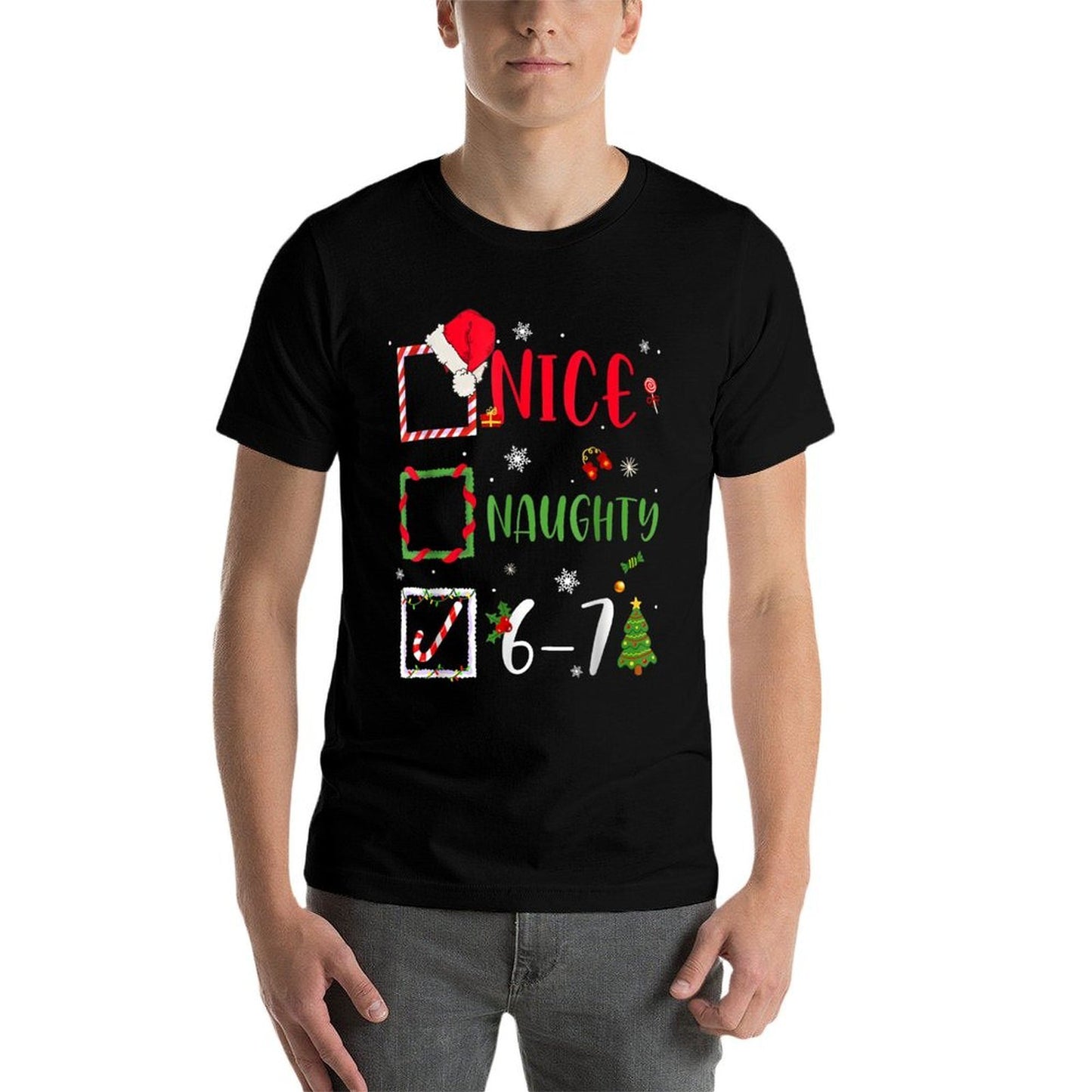 Funny 6-7 Meme Nice Naughty 67 Christmas Brain Rot  Eco-friendly Material T-Shirt