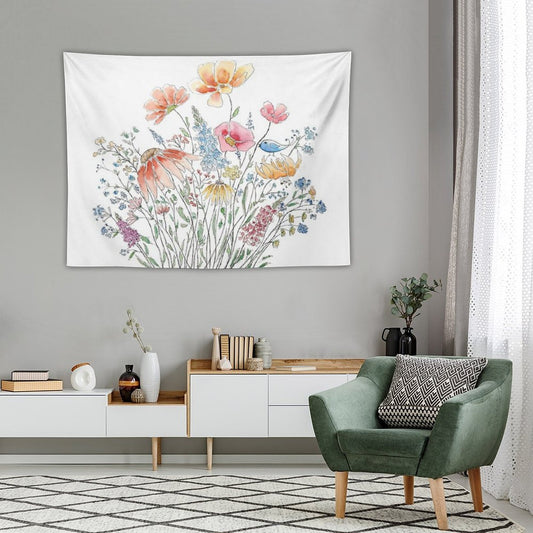 Hand Painted Wild Flower Bouquet And Blue Bird-line And Watercolor 2 Tapestry