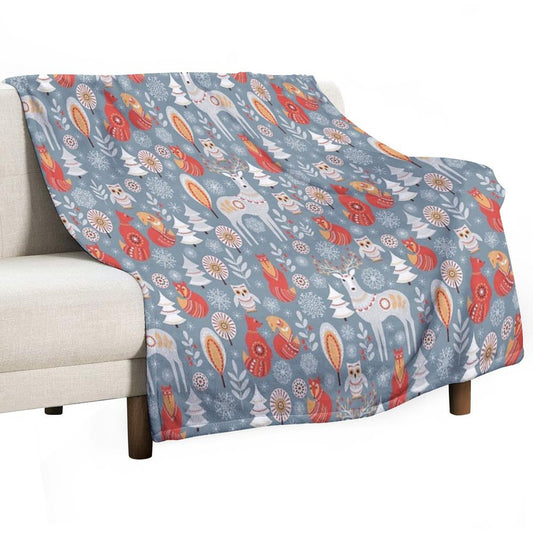 Seamless Pattern with Winter Forest, Deer, Owl And Fox. The Scandinavian Style. Throw Blanket