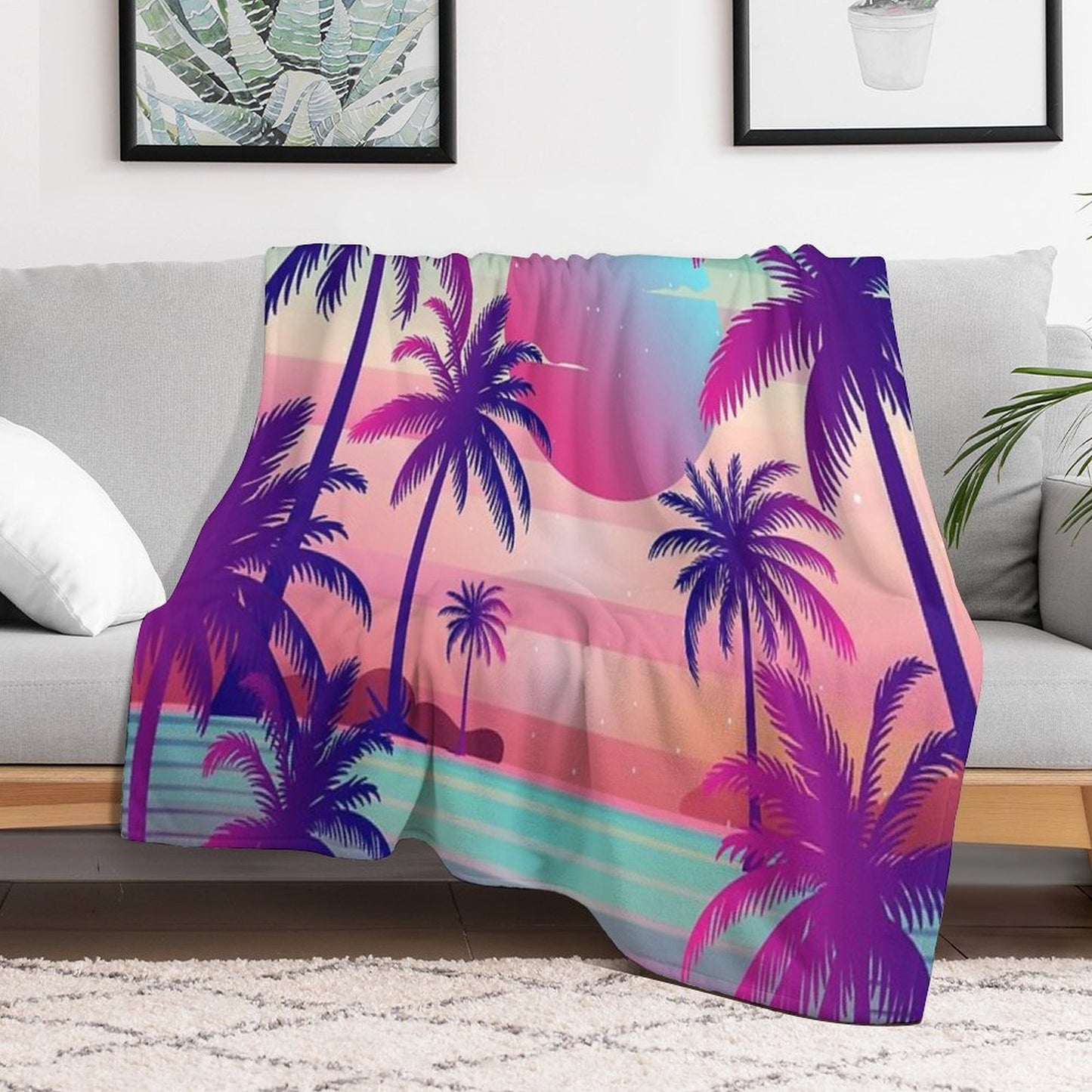 Sunset Palm Trees Vaporwave Aesthetic Throw Blanket