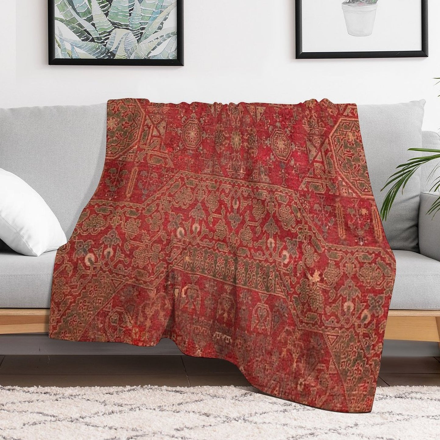 Bohemian Medallion II  15th Century Old Distressed Red Green Colorful Ornate Accent Rug Pattern Throw Blanket
