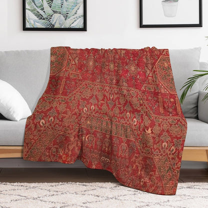 Bohemian Medallion II  15th Century Old Distressed Red Green Colorful Ornate Accent Rug Pattern Throw Blanket