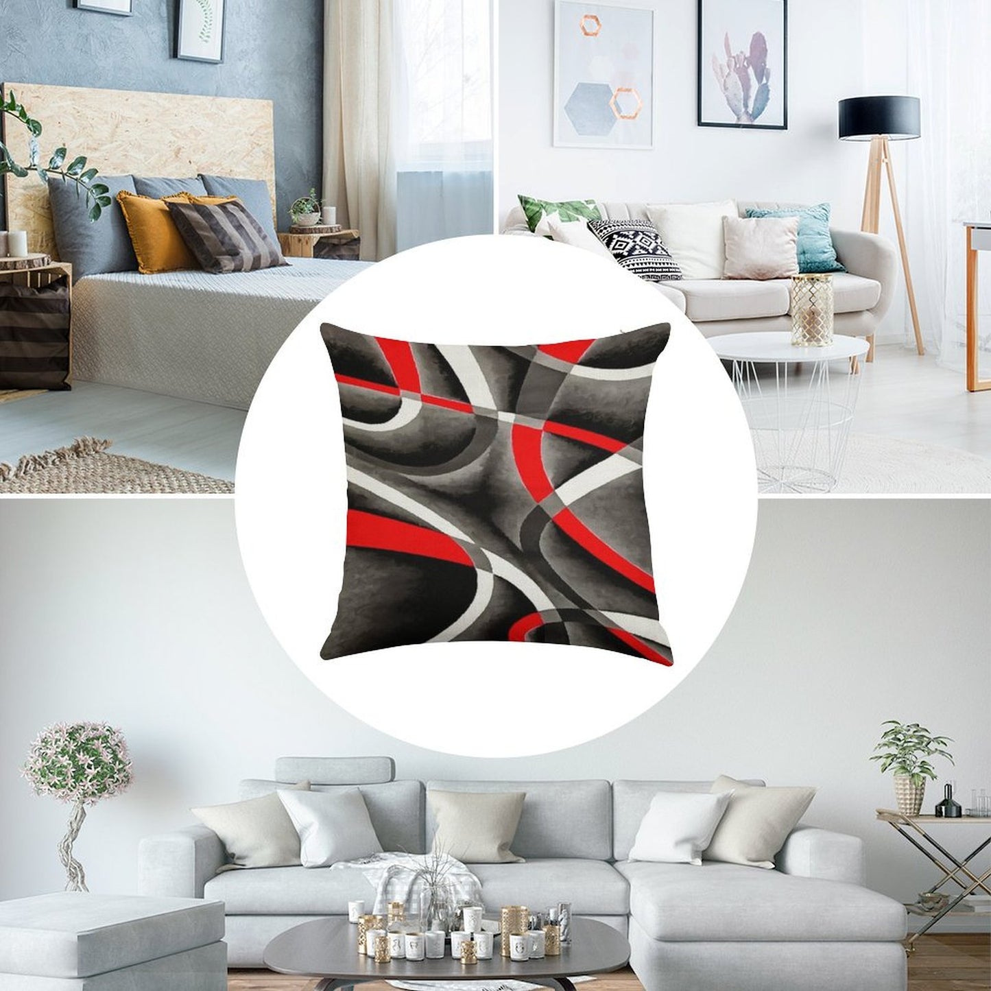 Eighties Red White Grey Line Curve Pattern On Black Linen Throw Pillow Cover